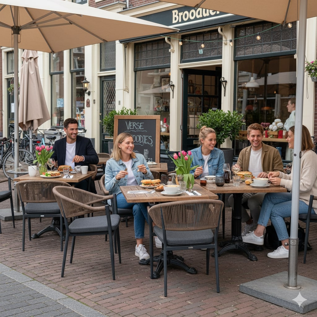 Super-Seat | Terras met zwarte gevlochten stoelen, houten tafels en kleurrijke accessoires. | Horecameubilair