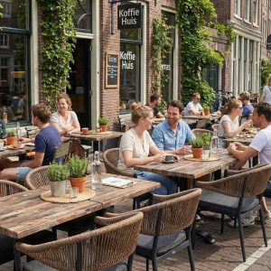 Super-Seat | Koffie Huis Terras Meubilair | Bruine gevlochten stapelstoelen en houten tafels, groene planten, fietsen op bakstenen straat. | Horecameubilair