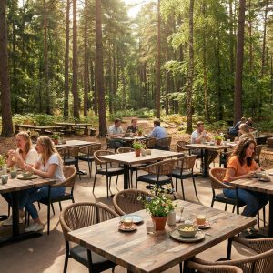 Super-Seat | Buitenleven op het terras Witte gevlochten Lion stoelen, houten tafels en barkrukken tussen hoge bomen in de zon. | Horecameubilair