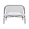 Super-Seat | Marylin Paris horeca rotan terrasbank boho beige Tweezits bank met metalen frame, bruin-witte gevlochten zitting en vloerkleed. | Horecameubilair