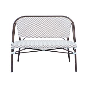 Super-Seat | Marylin Paris horeca rotan terrasbank boho beige Tweezits bank met metalen frame, bruin-witte gevlochten zitting en vloerkleed. | Horecameubilair