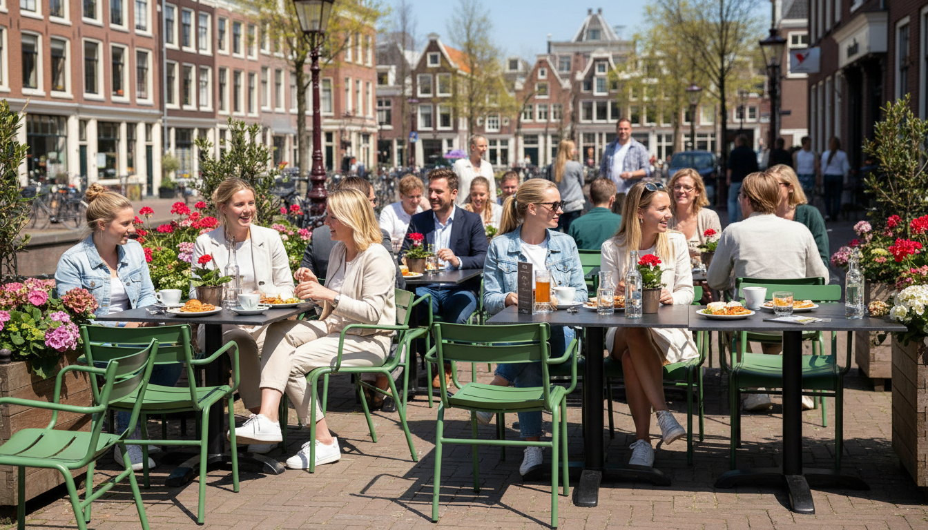 Super-Seat | Zwarte HPL tafels, metalen stoelen, mensen eten buiten tussen bloemen en fietsen. | Horecameubilair