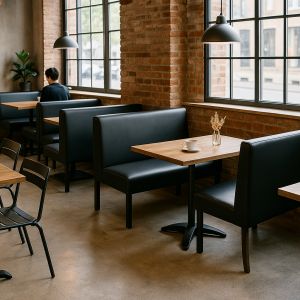 Super-Seat | Lisa horeca eetbank bistro zwart - 120cm | Bakstenen muren, grote ramen, zwarte leren banken, houten tafels, metalen stoelen. | Horecameubilair