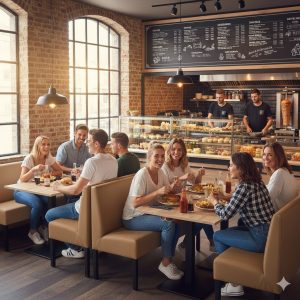 Super-Seat |Lisa horeca eetbank bistro Taupe - 120cm | Taupe stoffen eetbanken, houten tafels; jongvolwassenen eten, praten, personeel werkt. | Horecameubilair