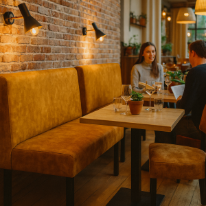 Super-Seat | Lisa horeca eetbank bistro velours oker | Gele velours banken, houten tafel, bakstenen muur, glazen op tafel, warme sfeer. | Horecameubilair