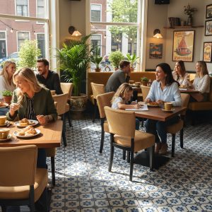 Super-Seat | Lisa horeca eetbank bistro velours oker - 120cm Velours okergele bank, houten tafels, diverse stoelen en planten in een sfeervol café. | Horecameubilair