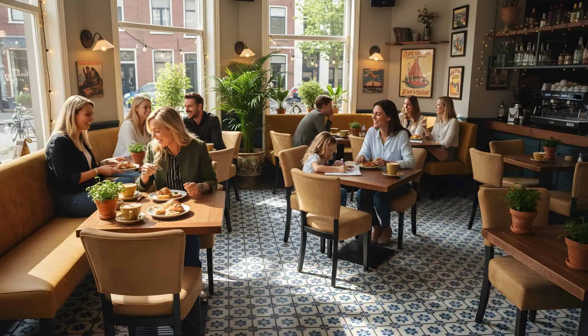 Super-Seat | Lisa horeca eetbank bistro velours oker - 120cm Velours okergele bank, houten tafels, diverse stoelen en planten in een sfeervol café. | Horecameubilair