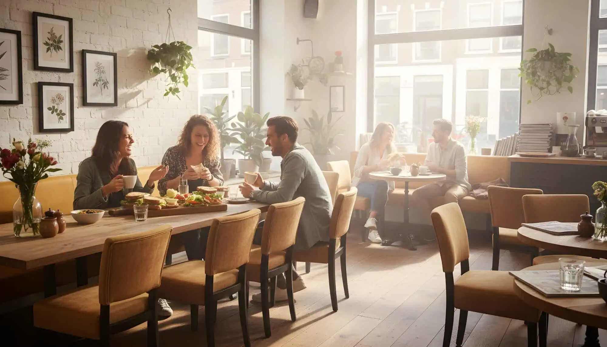Super-Seat | Houten tafels, okergele velours banken in modern café met grote ramen en planten. | Horecameubilair