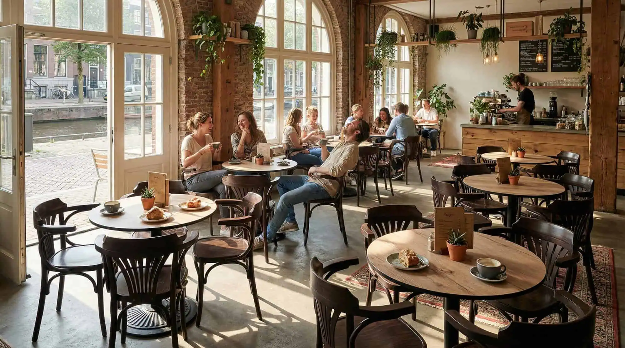 Super-Seat | HPL Horeca (terras) tafelbladen kasteel eiken rond 80cm | Warme houten stoelen, tafels en schorsrukken met lichte kasteel eiken bladen, zonlicht, groen. | Horecameubilair