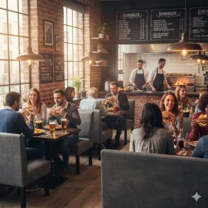 Super-Seat | Lisa horeca eetbank bistro vintage velours groen - 120cm Groene velours eetbanken, houten tafels, zwarte stoelen bij bakstenen muren. | Horecameubilair