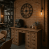 Super-Seat | Een Vintage eikenhouten apothekersbureau met lades 228x70cm | Eikenhouten bureau, naturel bruin, metalen grepen, tegen houten muur. | Horecameubilair