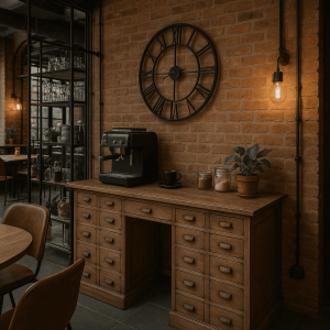 Super-Seat | Een Vintage eikenhouten apothekersbureau met lades 228x70cm | Eikenhouten bureau, naturel bruin, metalen grepen, tegen houten muur. | Horecameubilair