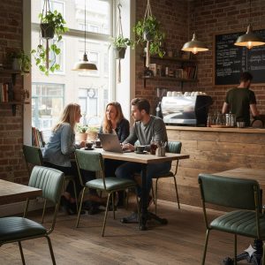 Super-Seat | Vintage groen-gouden metalen Aviator stoelen rond houten tafel in bakstenen café met planten en ramen. | Horecameubilair