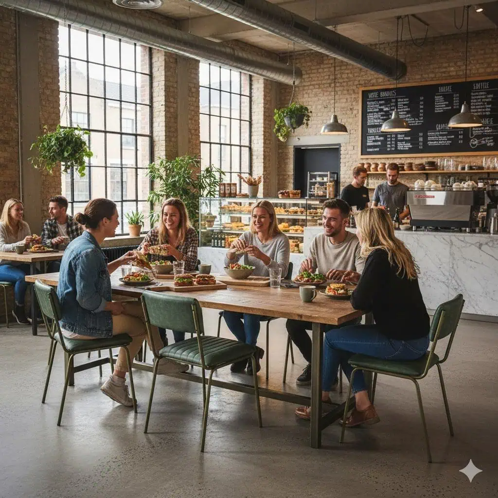 Super-Seat | Houten tafel met groene metalen stoelen, grote ramen, planten en gebak, modern café. | Horecameubilair