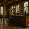 Super-Seat | Zwarte metalen Aviator barkrukken bij houten bar, grof houten balken, warme sfeer. | Horecameubilair