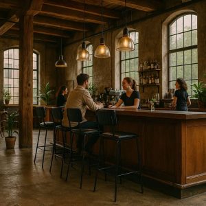 Super-Seat | Zwarte metalen Aviator barkrukken bij houten bar, grof houten balken, warme sfeer. | Horecameubilair