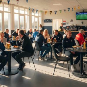 Super-Seat | Lisa horeca eetbank bistro velours oker - 120cm Gele velours bank, houten tafels, metalen stoelen in lichte sportsbar met vlaggen. | Horecameubilair