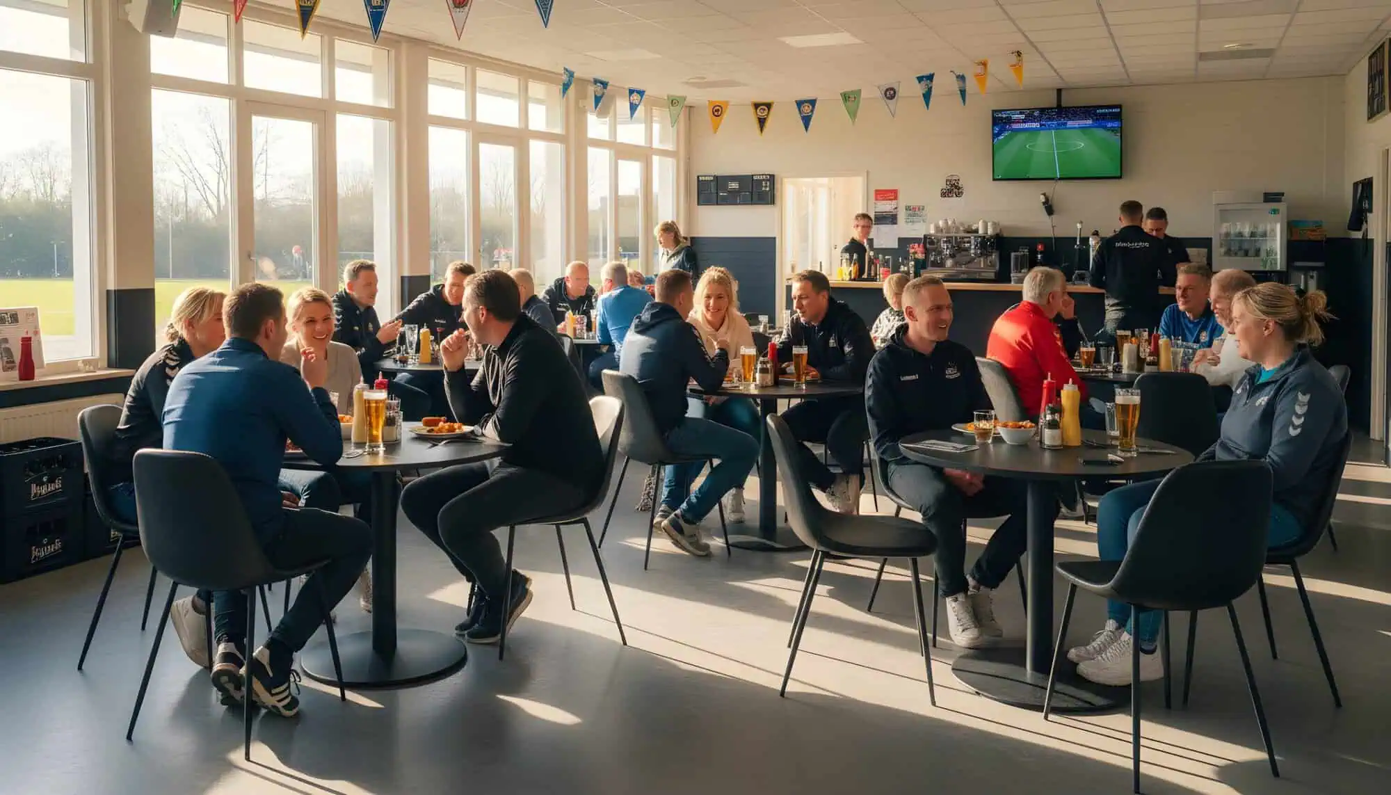 Super-Seat | Lisa horeca eetbank bistro velours oker - 120cm Gele velours bank, houten tafels, metalen stoelen in lichte sportsbar met vlaggen. | Horecameubilair