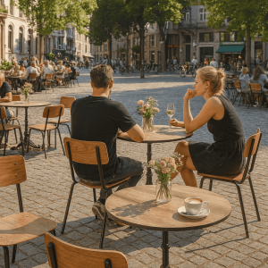 Super-Seat | Twee personen aan ronde eiken HPL tafel, zwarte metalen stoelen, zonovergoten terras. | Horecameubilair