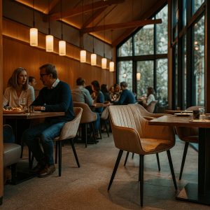 Super-Seat | Luxe fluwelen champagnekleurige armstoelen met houten tafels en grote ramen in warme sfeer. | Horecameubilair