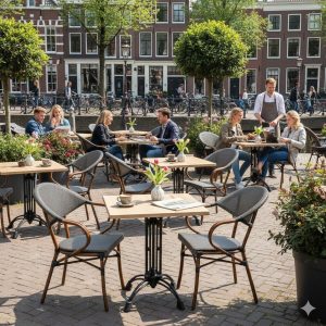 Super-Seat | Gasten zitten op grijze textiel stoelen rond eikenhouten terrastafels langs het kanaal; ober neemt bestelling op. | Horecameubilair