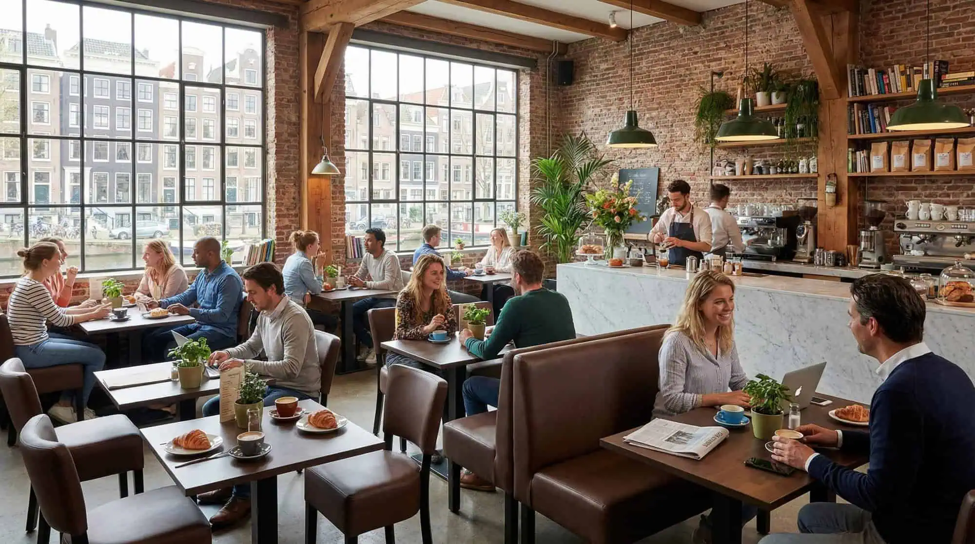 Super-Seat | Lisa horeca eetbank bistro Donkerbruin - 120cm | Donkerbruine leren bank, houten tafels en stoelen in modern café met bakstenen muren. | Horecameubilair