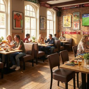 Super-Seat | Lisa horeca eetbank bistro Donkerbruin - 120cm | Donkerbruine houten stoelen, tafels en barkrukken in sportbistro met zonlicht en voetbal. | Horecameubilair