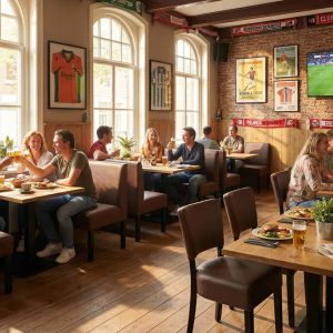 Super-Seat | Lisa horeca eetbank bistro Donkerbruin - 120cm | Donkerbruine houten stoelen, tafels en barkrukken in sportbistro met zonlicht en voetbal. | Horecameubilair