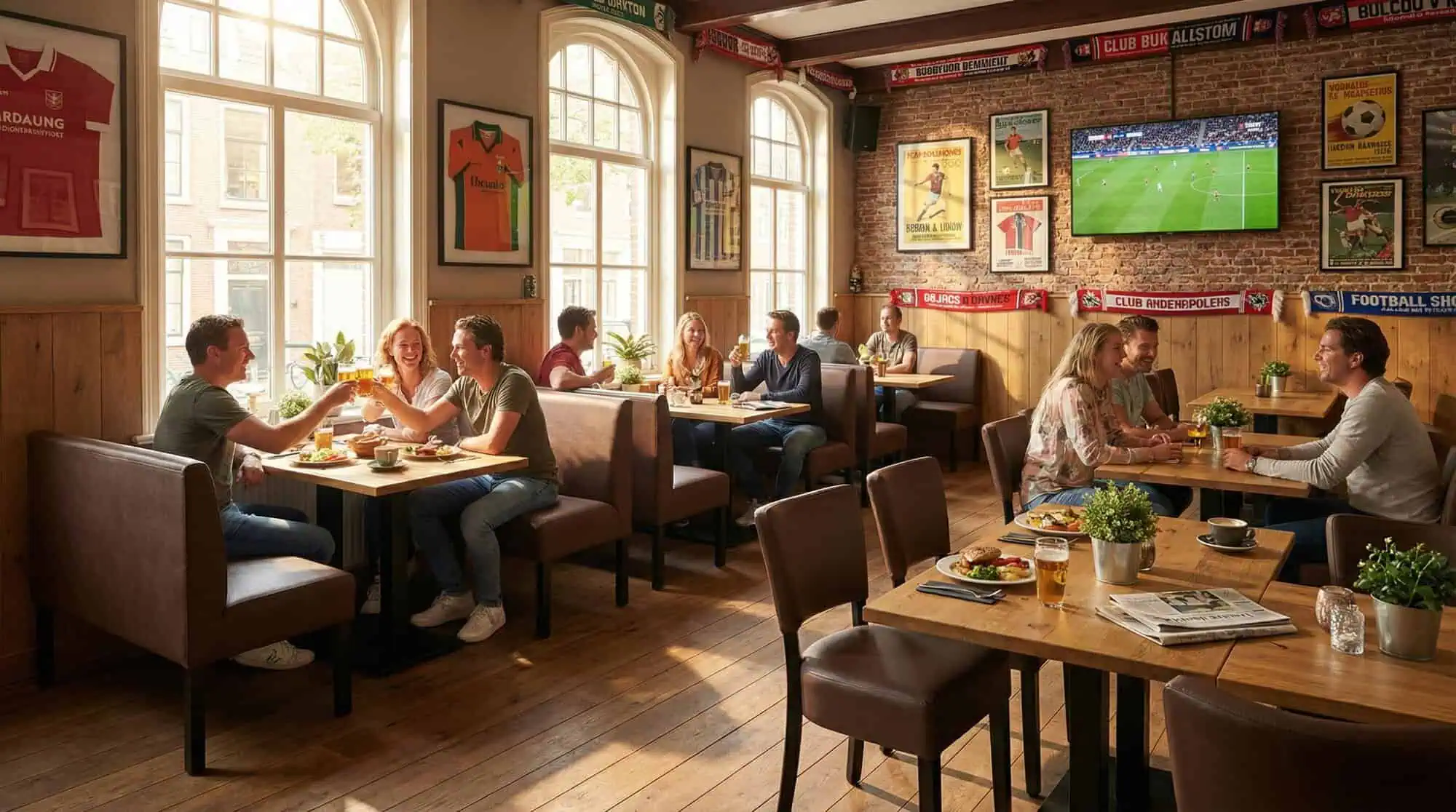 Super-Seat | Lisa horeca eetbank bistro Donkerbruin - 120cm | Donkerbruine houten stoelen, tafels en barkrukken in sportbistro met zonlicht en voetbal. | Horecameubilair