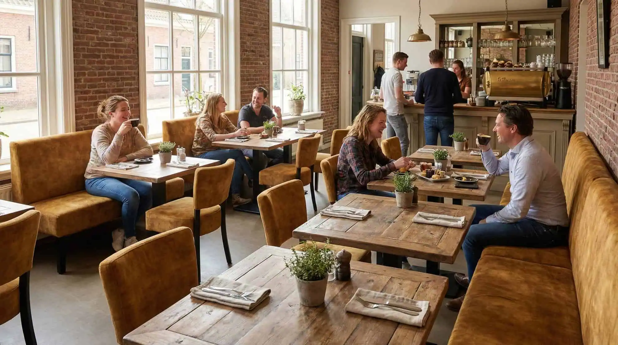 Super-Seat | Lisa horeca eetbank bistro velours oker - 120cm Gele fluwelen banken, houten tafels, stoelen en krukken in zonnig café met planten. | Horecameubilair