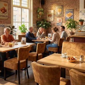 Super-Seat | Lisa horeca eetbank bistro velours oker - 120cm | Fluwelen gele banken, houten tafels en stoelen, grote ramen, warme sfeer. | Horecameubilair