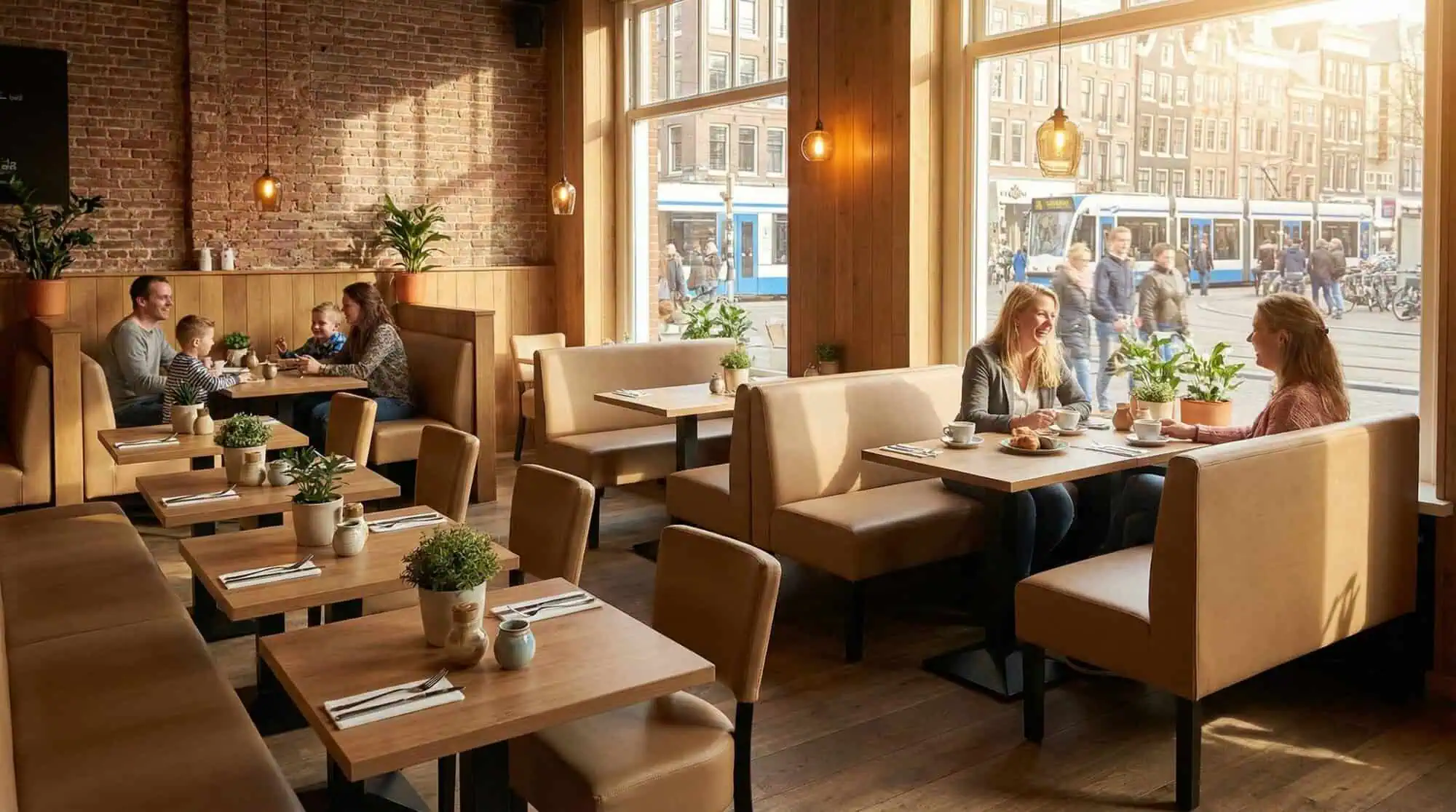 Super-Seat |120cm Lisa horeca eetbank bistro Taupe Houten tafels, taupe bank en stoelen, warme sfeer, grote ramen, zonlicht binnen. | Horecameubilair