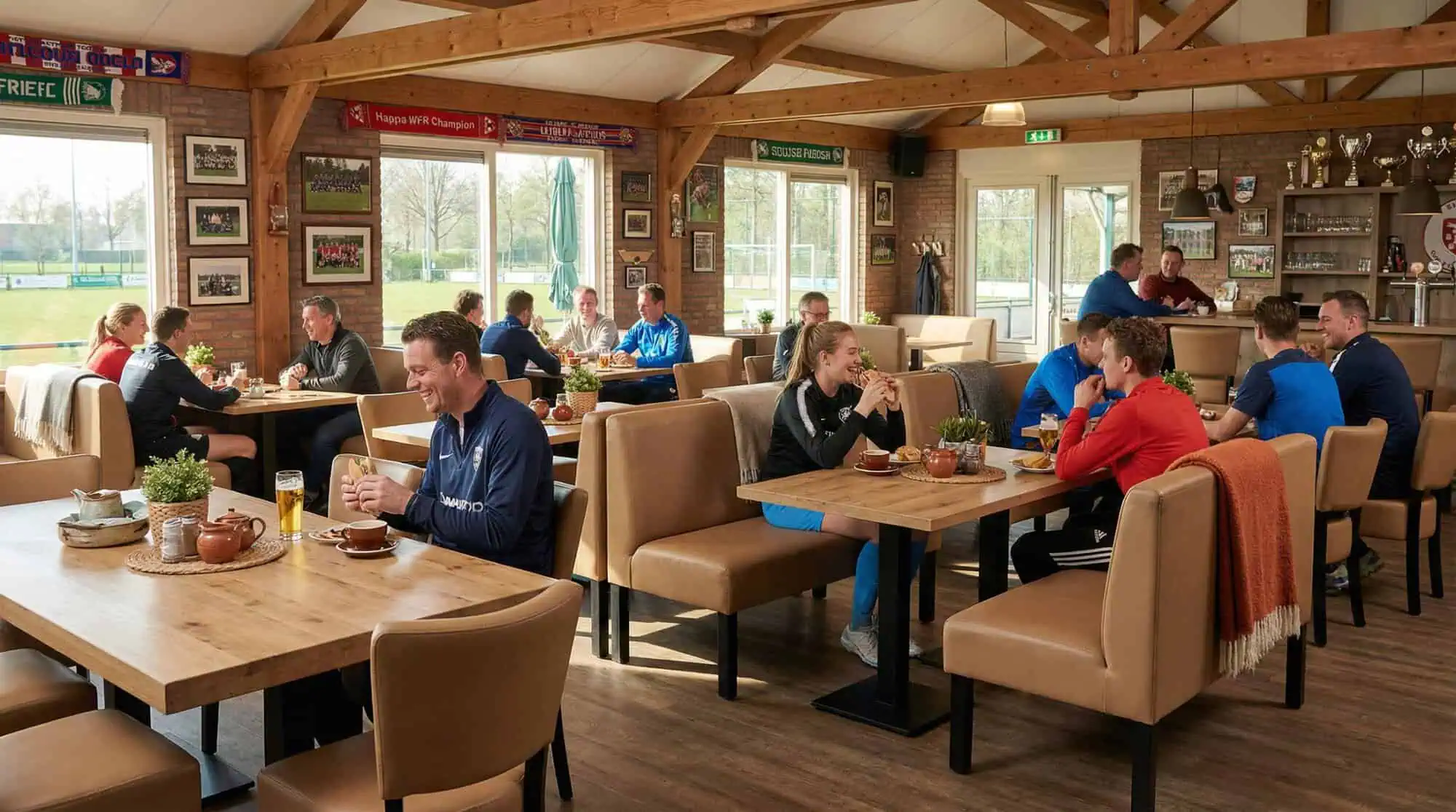 Super-Seat | Lisa horeca eetbank bistro Taupe - 120cm | Taupe eetbank met houten tafel, metalen stoelen in licht café met sportdecor en houten balken. | Horecameubilair