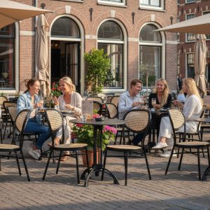 Super-Seat | HPL horeca tafelbladen maan reliëf zwart rond 80cm Zwarte HPL ronde tafels, metalen stoelen, hout accenten, bloemen en parasols buiten. | Horecameubilair