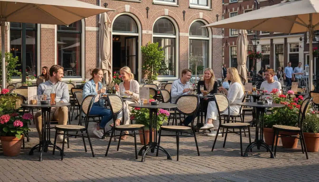Super-Seat | HPL horeca tafelbladen maan reliëf zwart rond 80cm Zwarte HPL ronde tafels, metalen stoelen, hout accenten, bloemen en parasols buiten. | Horecameubilair