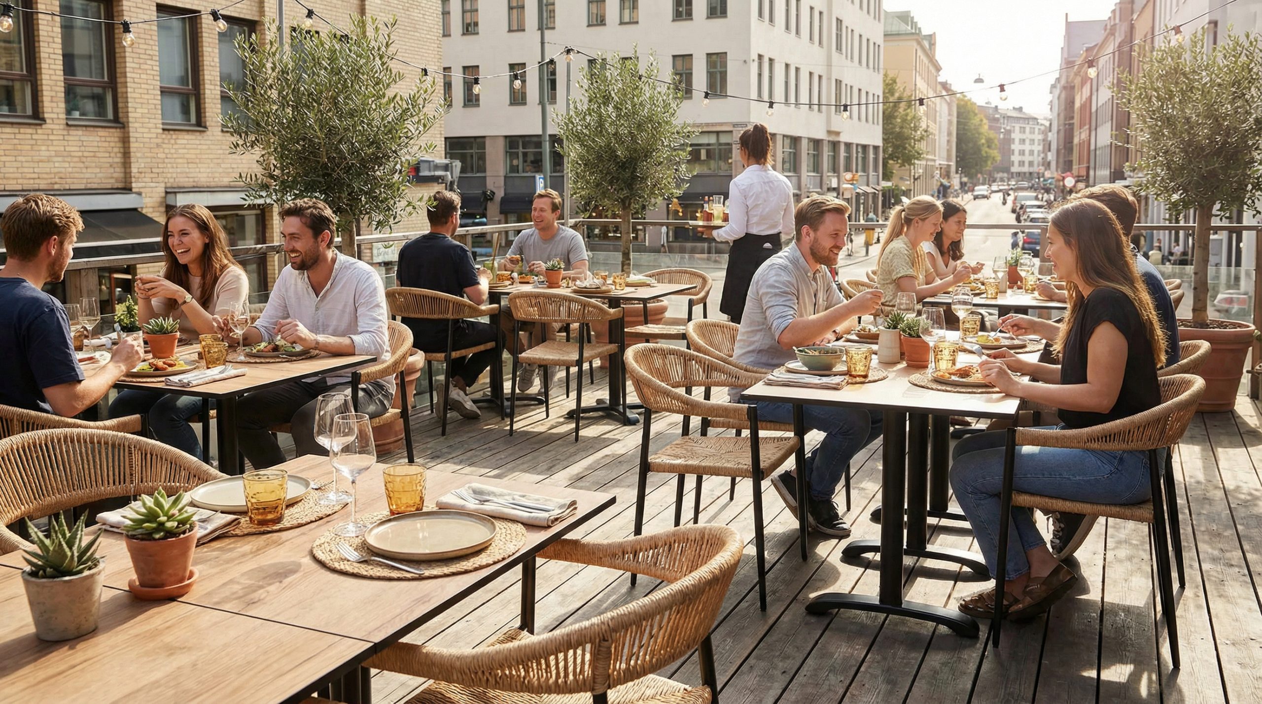 Super-Seat | HPL Horeca Tafelbladen Kasteel Eiken 80x80cm Houten eikenkleurige tafels met stalen frames en stoelen, omringd door planten en lampjes. | Horecameubilair