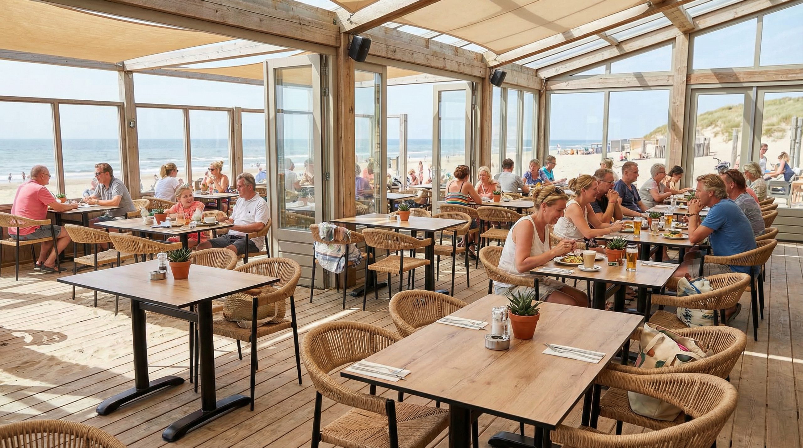 Super-Seat | Houten tafels met kastanje HPL bladen, bijpassende stoelen, grote ramen en zeezicht. | Horecameubilair