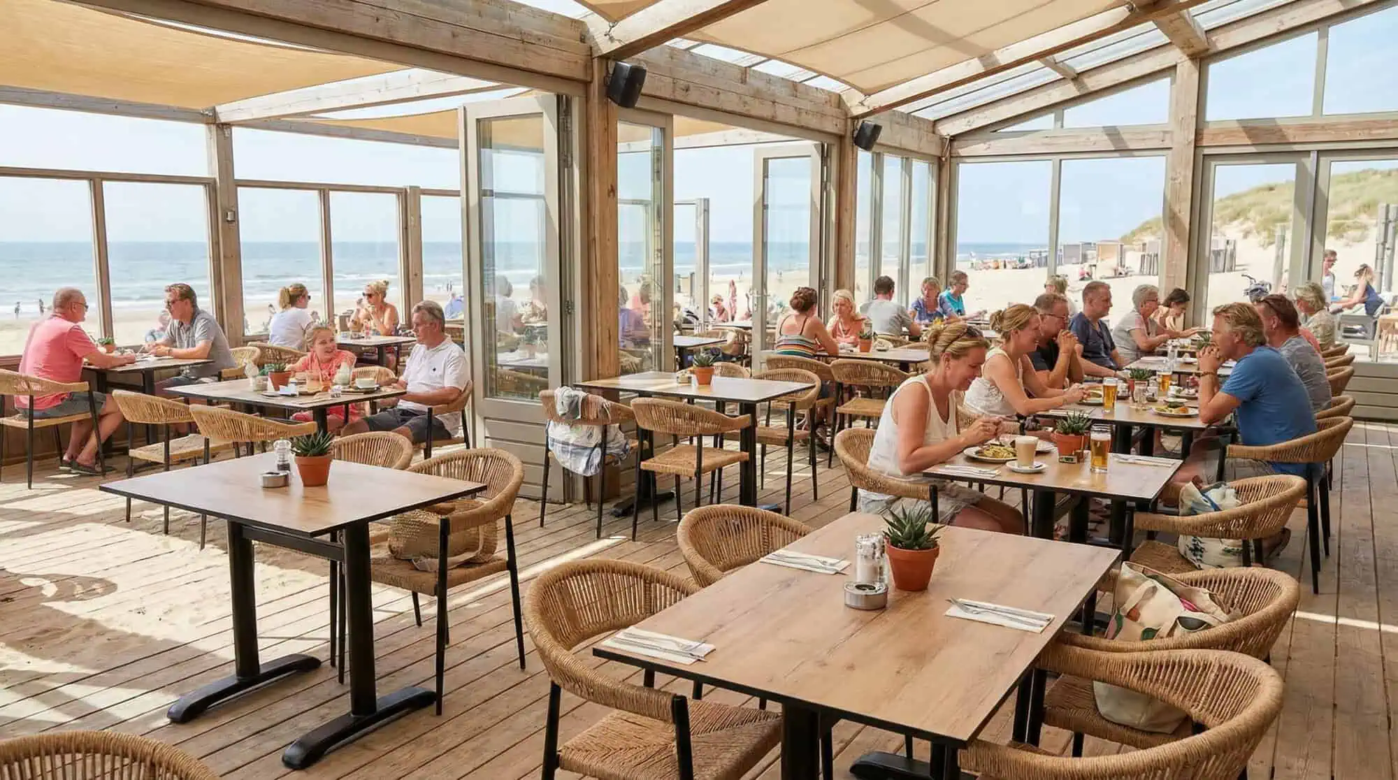 Super-Seat | Houten tafels met kastanje HPL bladen, bijpassende stoelen, grote ramen en zeezicht. | Horecameubilair