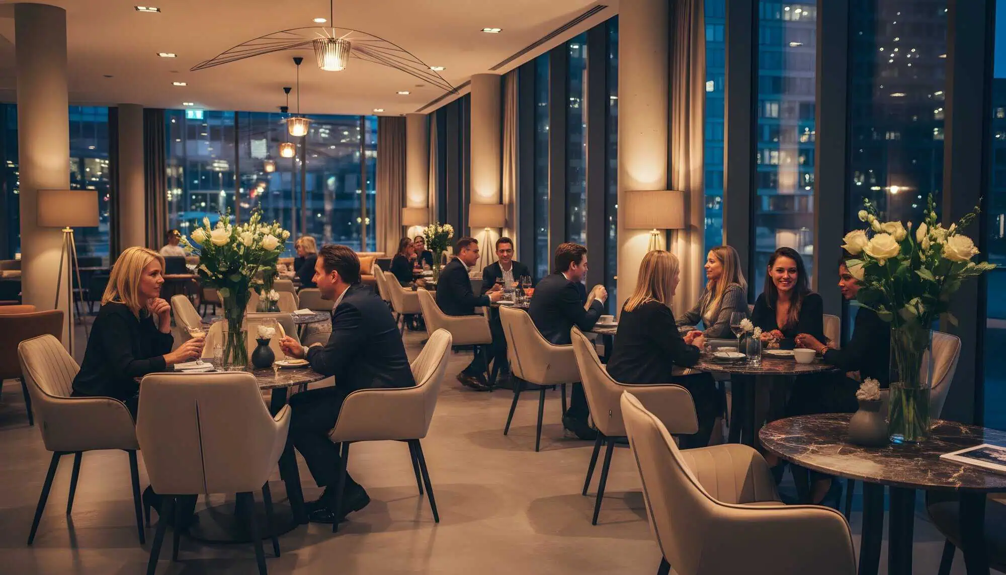 Super-Seat | Luxe stoelen van fluweel in champagnekleur naast moderne tafels, stadszicht op achtergrond. | Horecameubilair