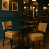 Super-Seat | Een Horecaset Lisa taupe + Urban tafel zwart melamine 67x67cm | Taupe kunststof stoelen, zwarte melamine tafel, moderne sfeer |. | Horecameubilair