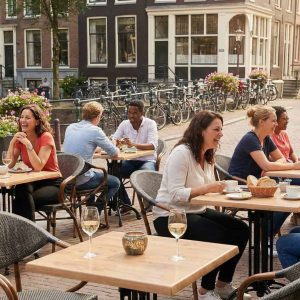 Super-Seat | Terrasstoelen en tafels voor Horeca en tuin | Grijze textiel stoelen, eikenhouten tafels, metalen fietsen; stedelijk terras aan het water. | Horecameubilair