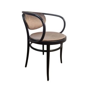 Super-Seat | De Michael Thonet 210 vintage gebogen houten fauteuils mokka | Donker gebeitst hout, gebogen armleuningen, lichtbeige beklede zitting & tapijt. | Horecameubilair