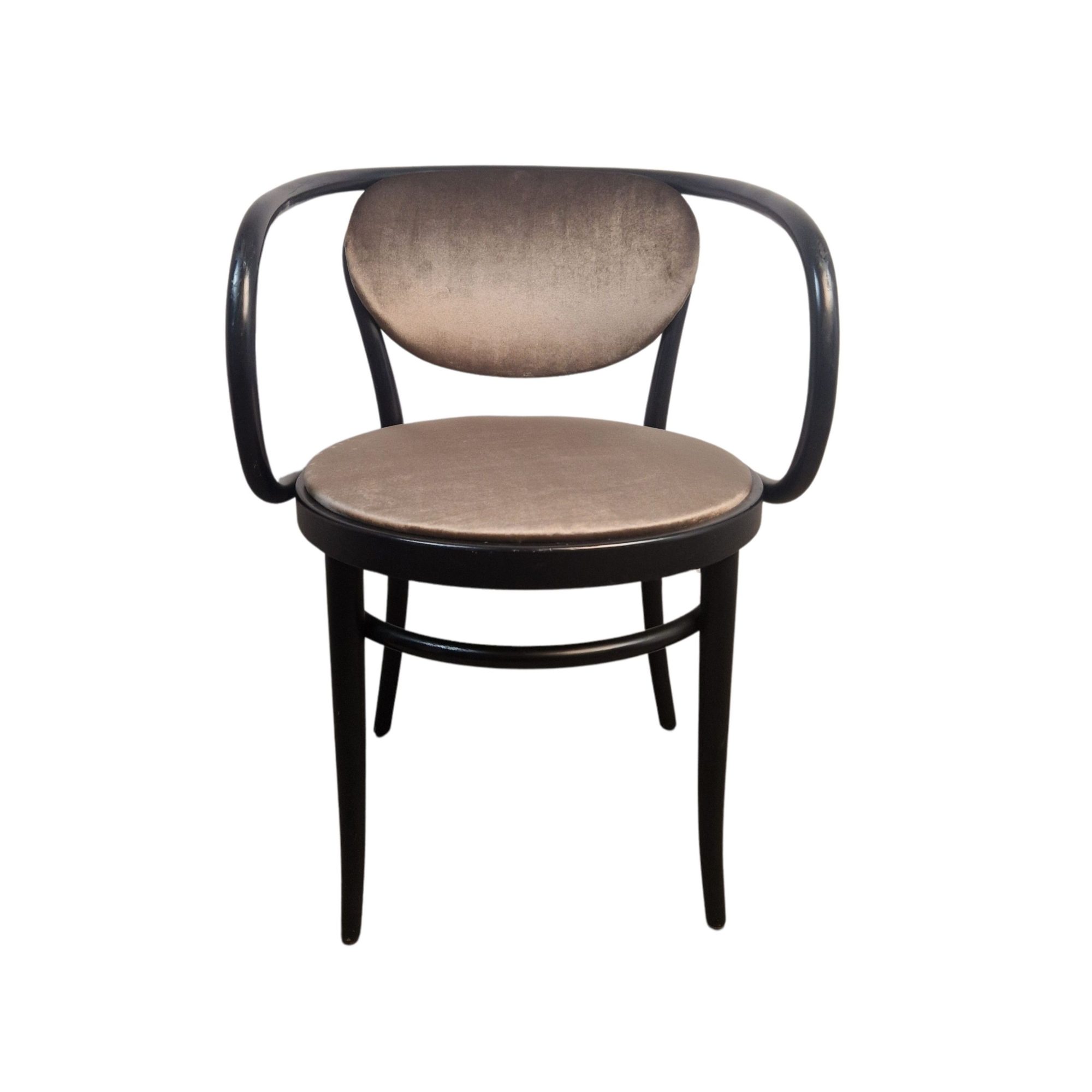 Super-Seat | De Michael Thonet 210 vintage gebogen houten fauteuils zwart/groen | Zwart gebogen houten frame, lichtbruine stoffen zitting & rugleuning |. | Horecameubilair
