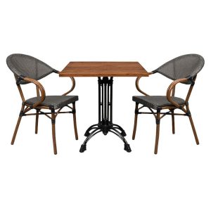 Super-Seat | Horeca terras set textiele stoelen + Werzalit tafel teak | 2 wicker-look textiele stoelen met houten armen & vierkante teak-laminaat tafel, lichtbruin/zwart |. | Horecameubilair