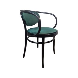 Super-Seat | De Michael Thonet 210 vintage gebogen houten fauteuil | Zwart/groene stoel met donker houten frame, ronde rugleuning, armleuningen en beklede zitting/kleed. | Horecameubilair