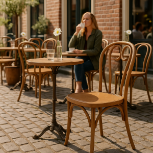 Super-Seat |Houten bistrotafel met glas water, fles en madeliefje; vrouw op natuurlijke kunststof stapelstoel op terras. | Horecameubilair