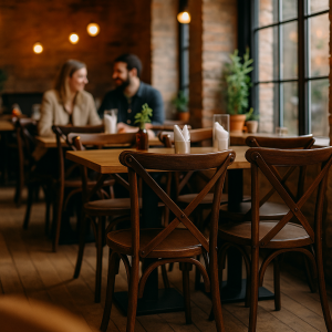 Super-Seat | Wat je gaat tegenkomen zijn stoelen, tafels, barkrukken, picnick tafels en andere soort tafels en stoelen. | Houten tafel en bruine houten cross back stapelstoelen in warme, knusse café met bakstenen muren en grote ramen. | Horecameubilair