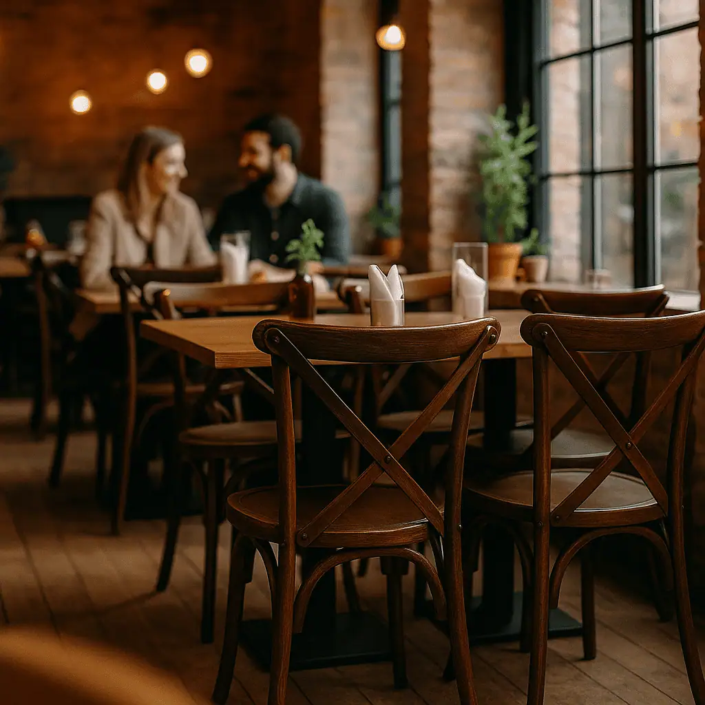 Super-Seat | Wat je gaat tegenkomen zijn stoelen, tafels, barkrukken, picnick tafels en andere soort tafels en stoelen. | Houten tafel en bruine houten cross back stapelstoelen in warme, knusse café met bakstenen muren en grote ramen. | Horecameubilair
