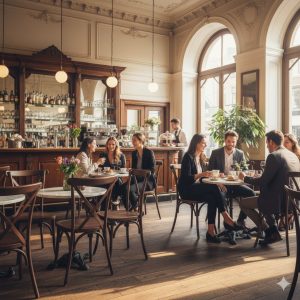 Super-Seat | Café Interieur Inspiratie | Bruin houten cross back stoelen, ronde tafels, houten vloer en vintage bar in stijlvol café. | Horecameubilair