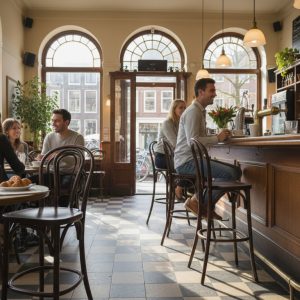 Super-Seat | Houten tafels, natuurlijke barkrukken bij bar, grote ramen, warme sfeer en planten. | Horecameubilair